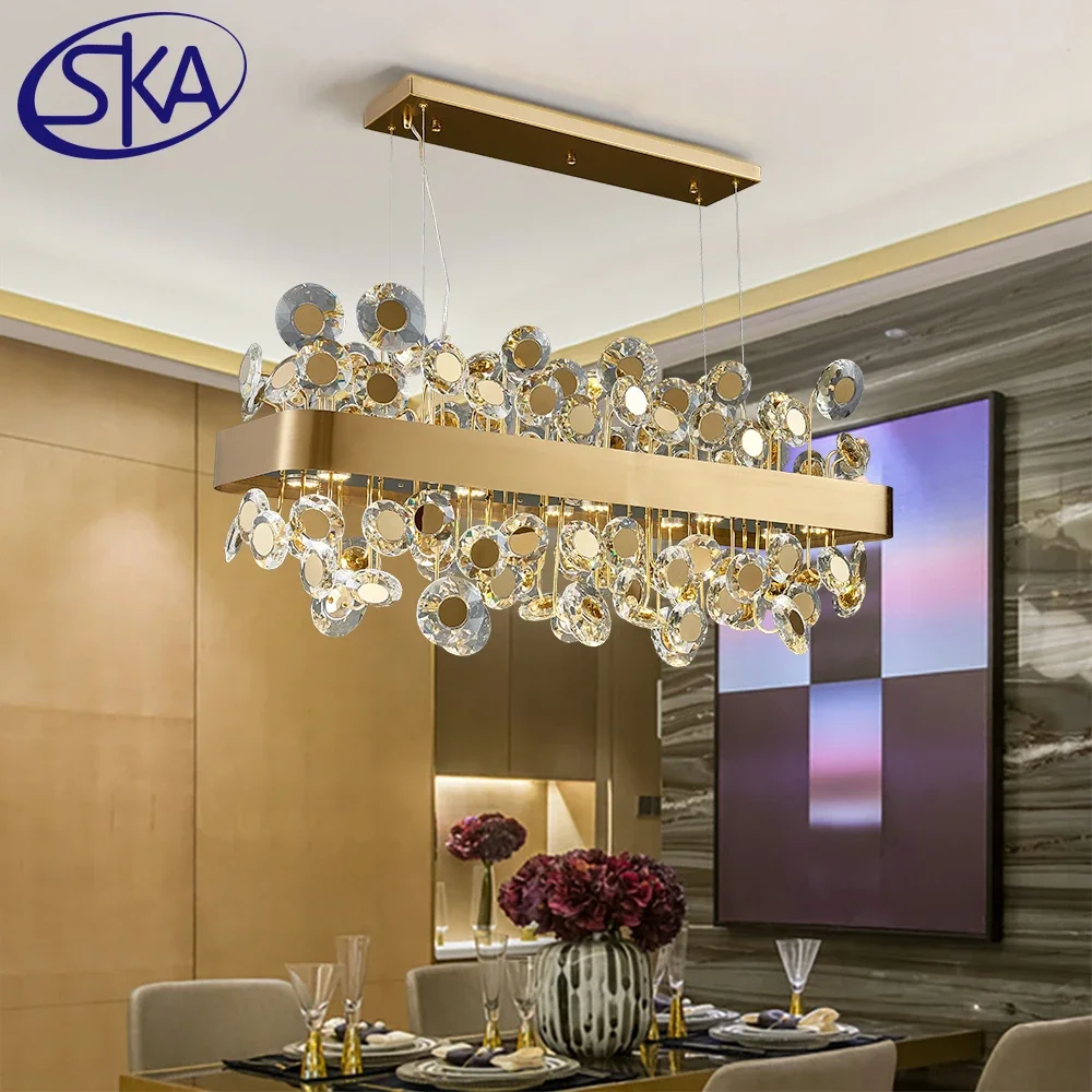 

Crystal Rectangle Led Chandelier Lighting Gold Kitchen Island Pendant Lights Indoor Livng Room Hanging Lamp Bedroom Decor Lustre