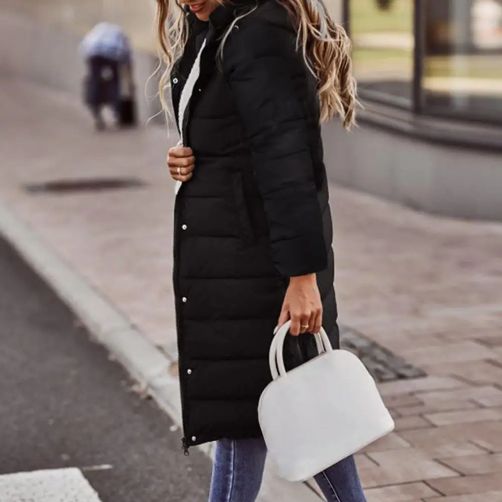 Long Sleeve Pockets Buttons Zipper Placket Thickened Striped Quilted Women Coat Winter Solid Color Hooded Mid-length Down Jacket