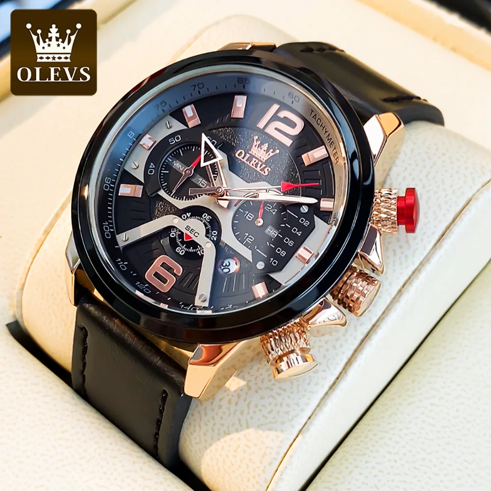 

New OLEVS Watch for Men Casual Sports Chronograph Leather Wristwatch Blue Dial Quartz Clock with Luminous Pointers Men's Watches