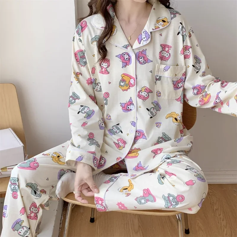 Пижама Kulomi Осенняя из чистого хлопка с длинными рукавами и мультяшным принтом