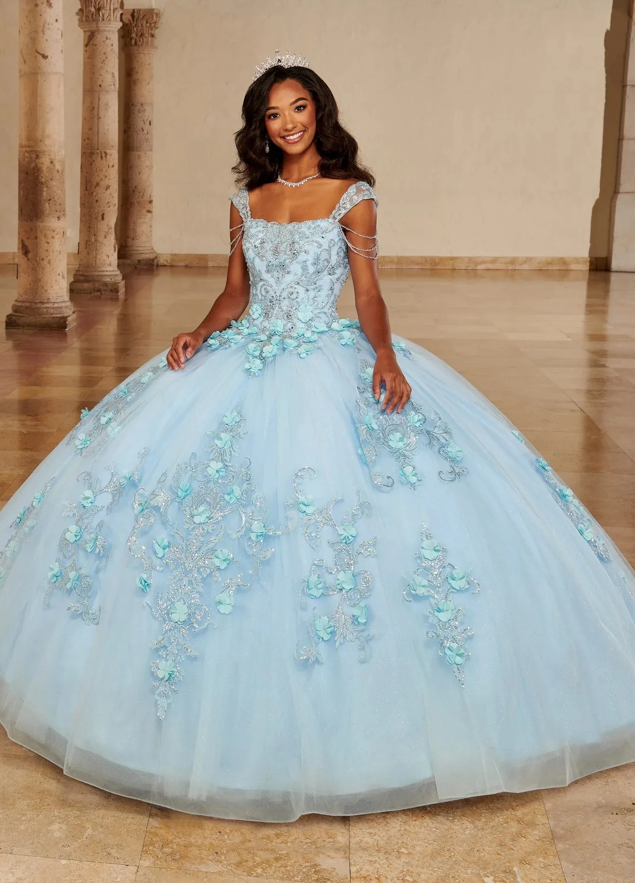 

Sky Blue Charro Quinceanera Dresses Ball Gown Off The Shoulder Tulle Appliques Beaded Puffy Mexican Sweet 16 Dresses 15 Anos