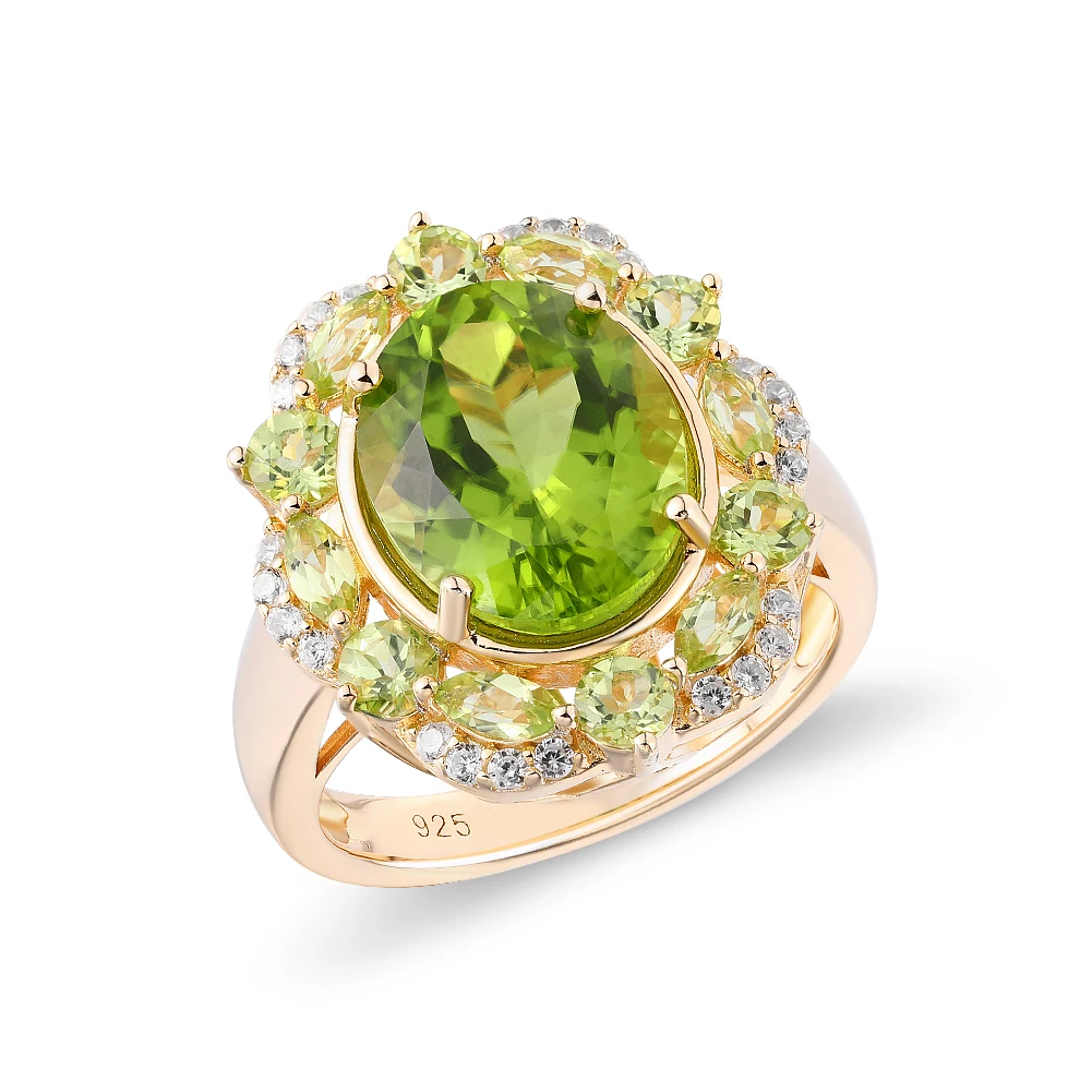 

GZ ZONGFA Genuine 925 Sterling Silver Ring for Women Oval 6 Carats Natural Peridot Gemstone 14K Gold Plated Wedding Fine Jewelry