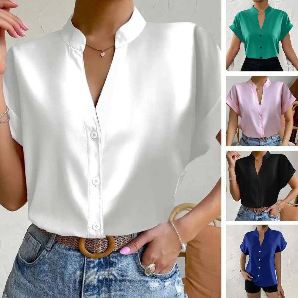 

Women V Neck Shirt Blouse Stand Collar Single-breasted Short Sleeve Solid Color Silk Formal Business OL Commute Style Lady Top