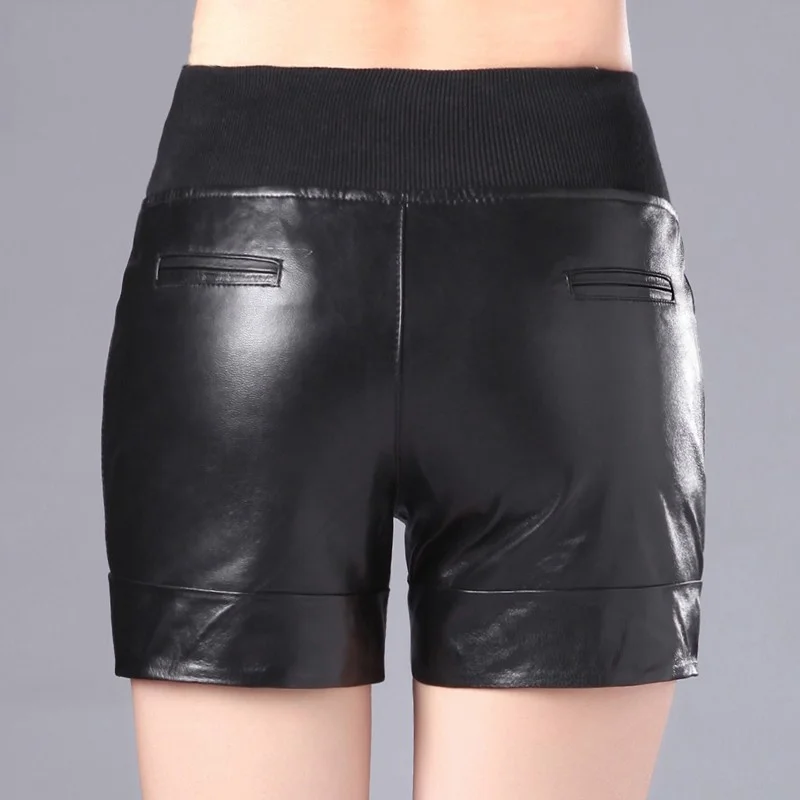 Winter Genuine Leather Autumn Shorts Women Sheepskin Real Leather Shorts Vintage Casual Slim Sexy Ladies Plus Size Black Shorts