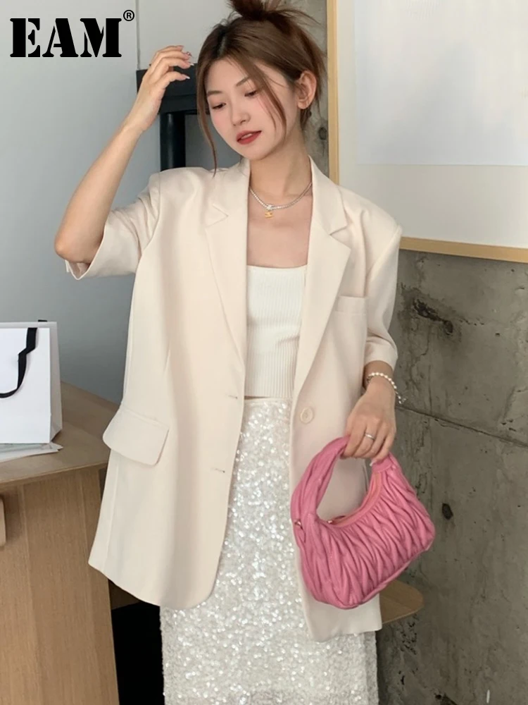 

[EAM] Women Beige Big Size Elegant Blazer New Lapel Half Sleeve Loose Fit Jacket Fashion Tide Spring Summer 2023 1DF8260