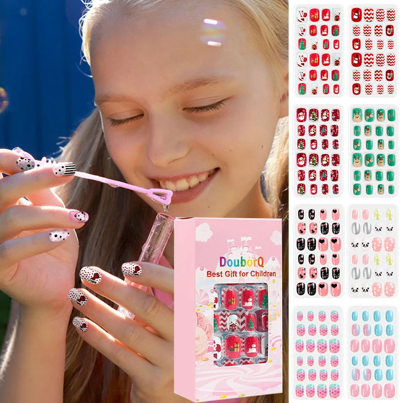 120PCS Candy Color Fake Nails For Child Cartoon Nail Decor Press On Nail DIY Art Self Adhesive Full Cover Nails For Kids Girls