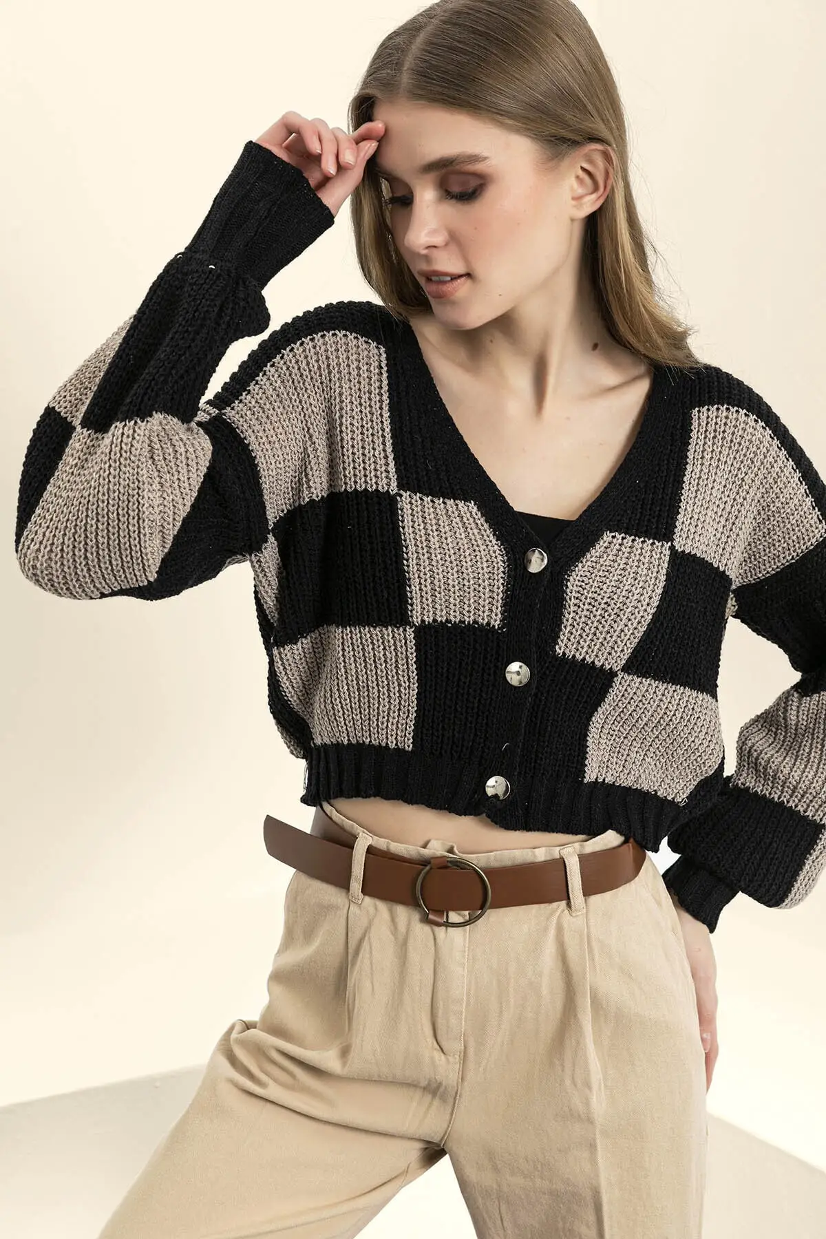 

Women's Cardigan Black Mink V-Neck Three Metal Buttons Oversize Sleeve Square Pattern Short Casual Fashion Sweaters Jumper Jumper