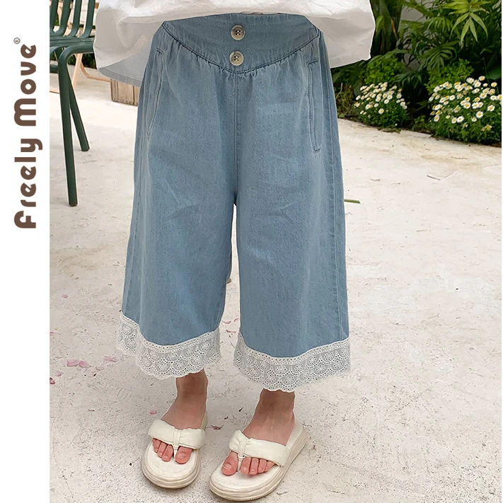 

RiniLucia 2023 Autumn New Jeans for Girl Clothes Floral Lace Pockets Wide Leg Jeans Loose Kids Demin Pants Children's Clothing