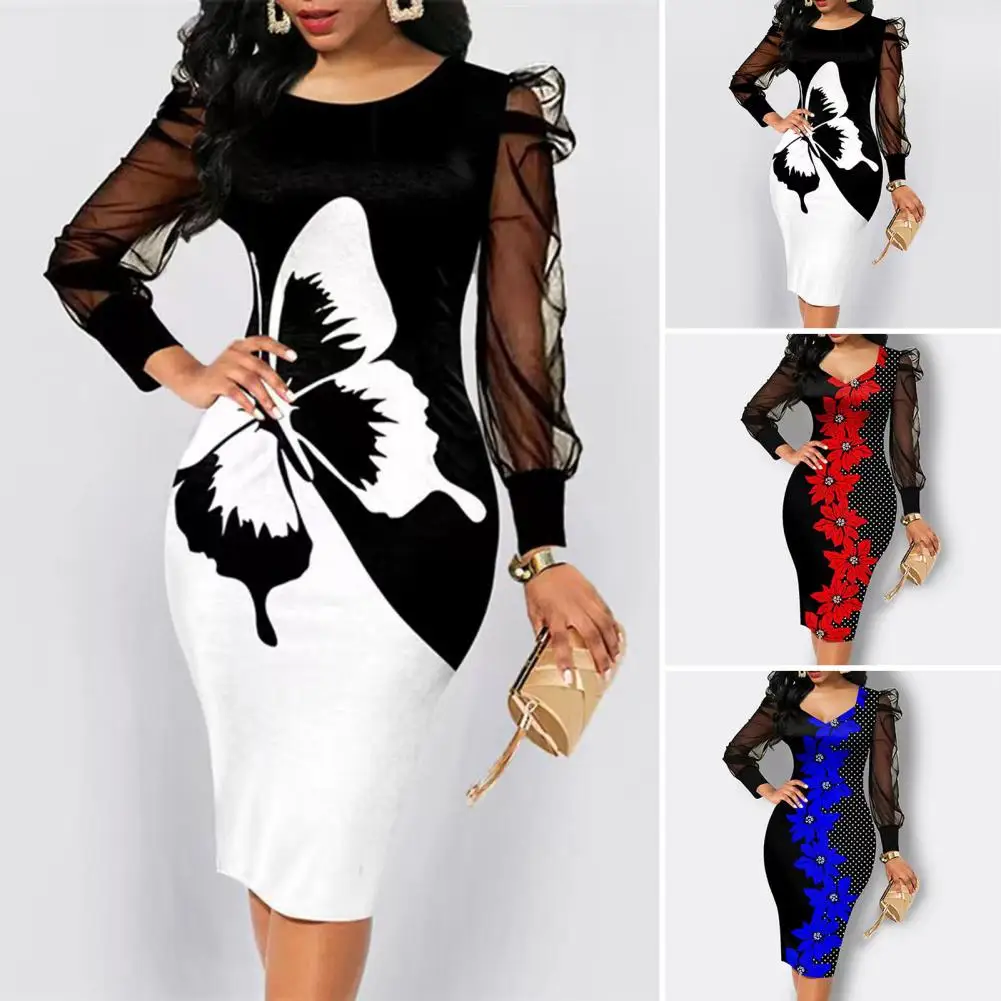 

O-neck Square Collar Mesh Stitching Long Sleeve Hip Wrap Autumn Dress Elegant 3D Butterflies Print Bodycon Midi Dress Party Clot