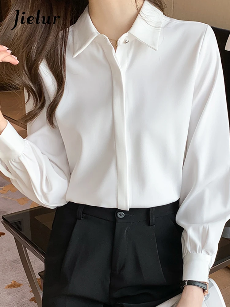 

Jielur New Korean Solid Color Slim Chiffon Women Shirt Simple Basic Long Sleeve Shirt Womaan White Brick Red Casual Loose Top
