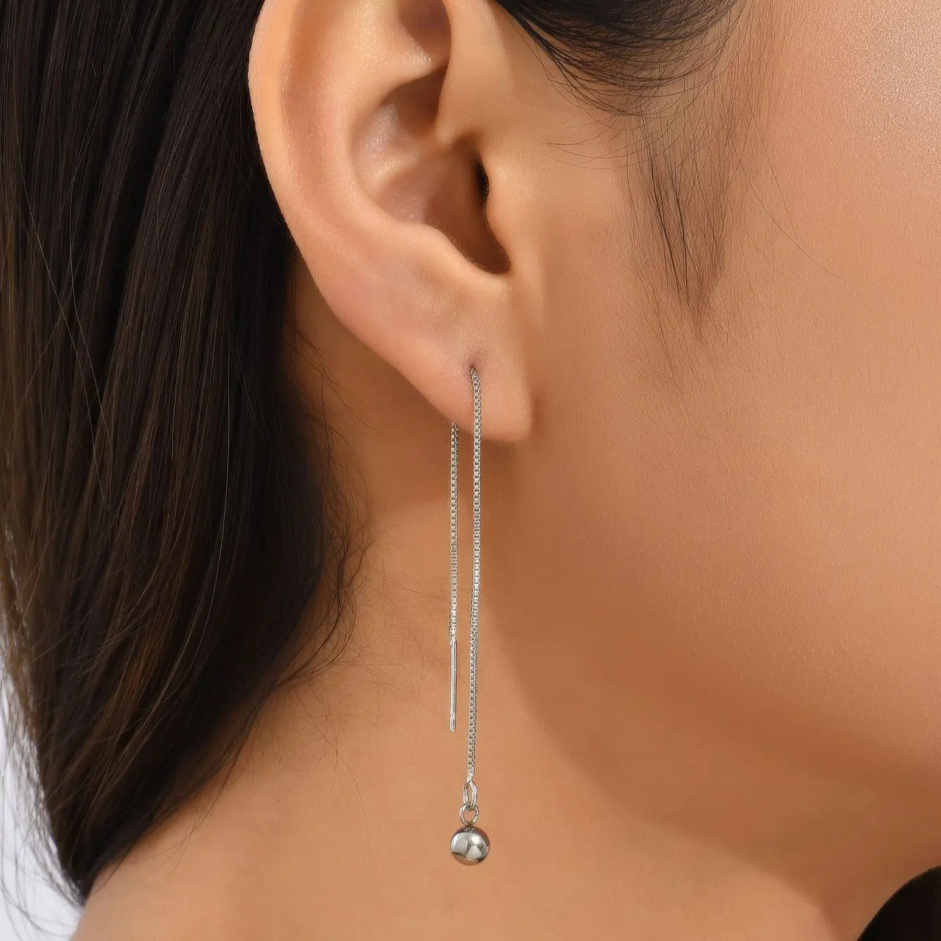 

Silver Round Ball pendant ear wire Korean style simple long tassel glossy bead pendant temperament earrings girls ear jewelry