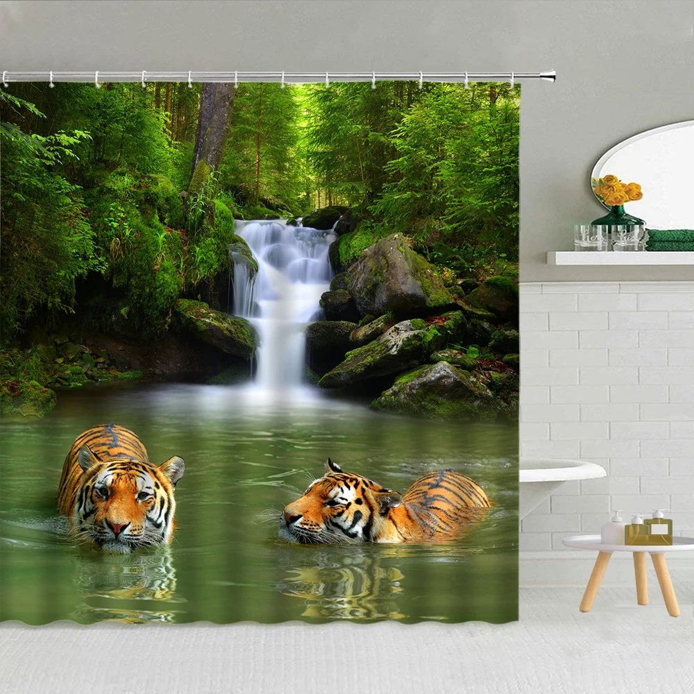 

Brown Spot Tiger Shower Curtain Forest Animal Waterfall Lake Spring Scenery Bathroom Decor Bath Screen Waterproof Hooks Curtains