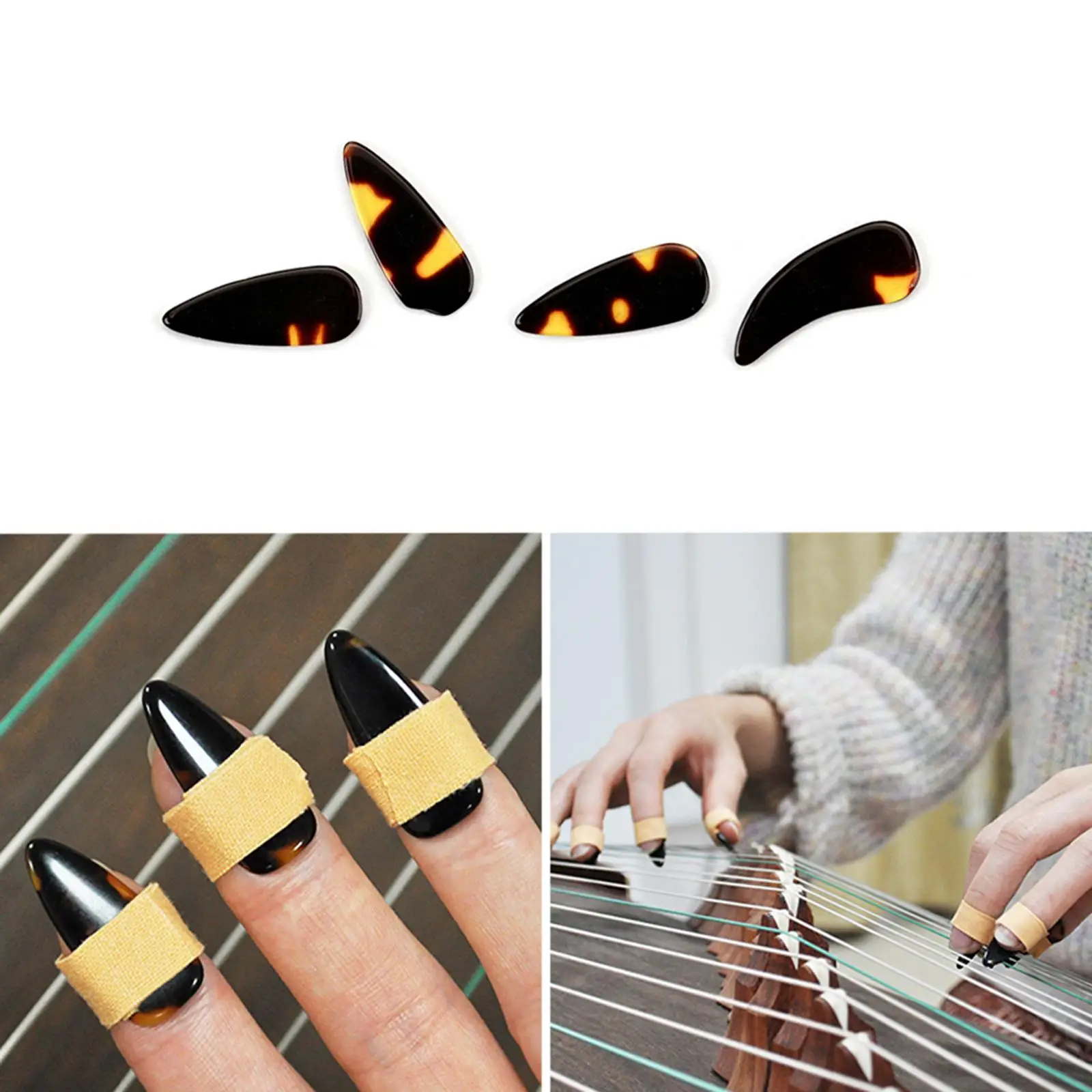 

4x Chinese Guitar Thumb+3 Finger Pick, Brown Lightweight Plastic Guzheng Fingerpick for Bass Guzheng Musical Instrument