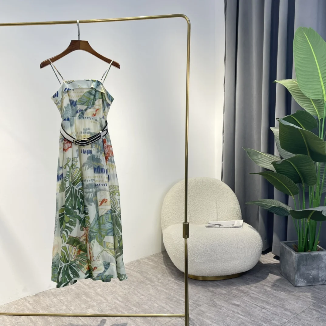 

Strapelss Dress for Holiday 2022 Australia Fashion Linen Silk Beach Style Green Print Women Summer Clothes