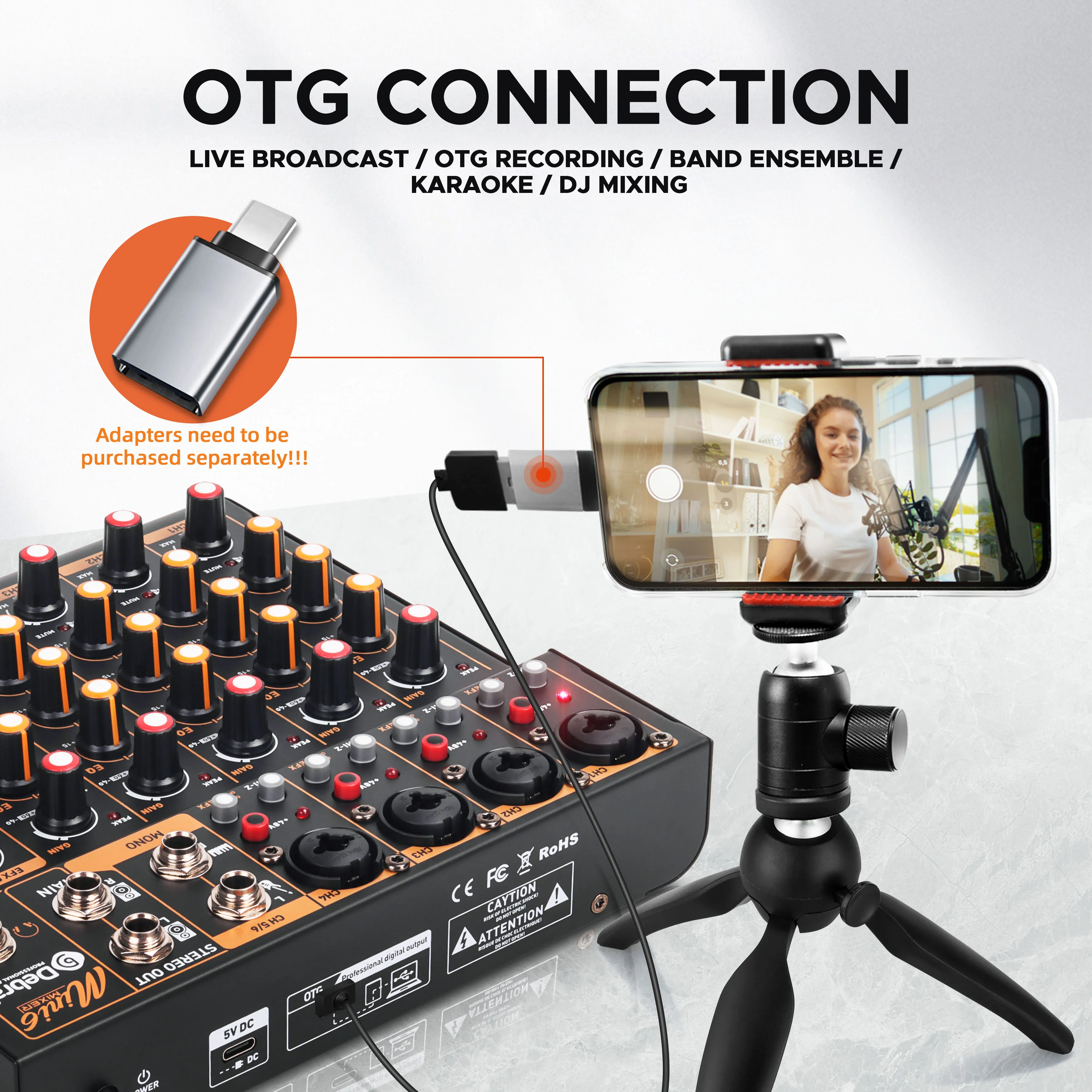 6-канальный аудиомикшер Mini6 DJ-консоль с Bluetooth 5.0 OTG Reverb звуковая карта 48 В для записи