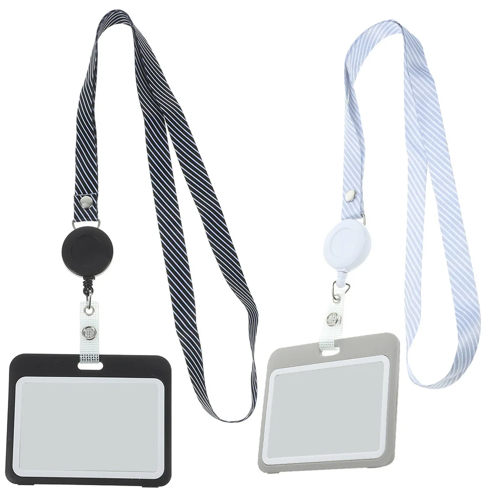 

2 Pcs Lanyard Easy Pull Telescopic Hanging Id Badge Holders Horizontal Sleeves Cards Tie Transparent Covers Nurse