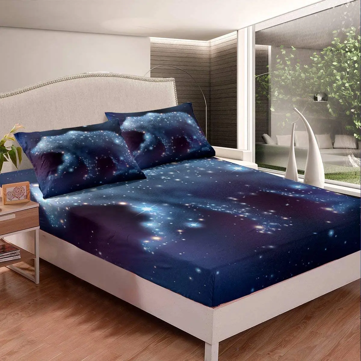 

White Bear Fitted Sheet Purple Galaxy Starry Sky Cosmos Bedding Set Trippy Mysterious Outer Space Bottom Sheet Wildlife Animal