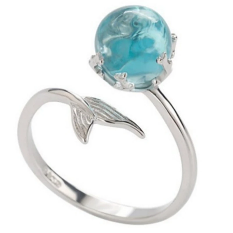 

Silver Color Open Blue Crystal Mermaid Bubble Rings For Women Girls Gift Statement Jewelry Adjustable Size Finger Ring