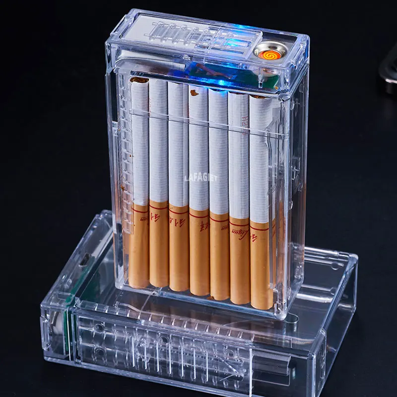 

Transparent Plastic Cigarette Case With Lighter Double-outlet Automatic Pop Up Cigarette Box Removable USB Charging Coil Lighter