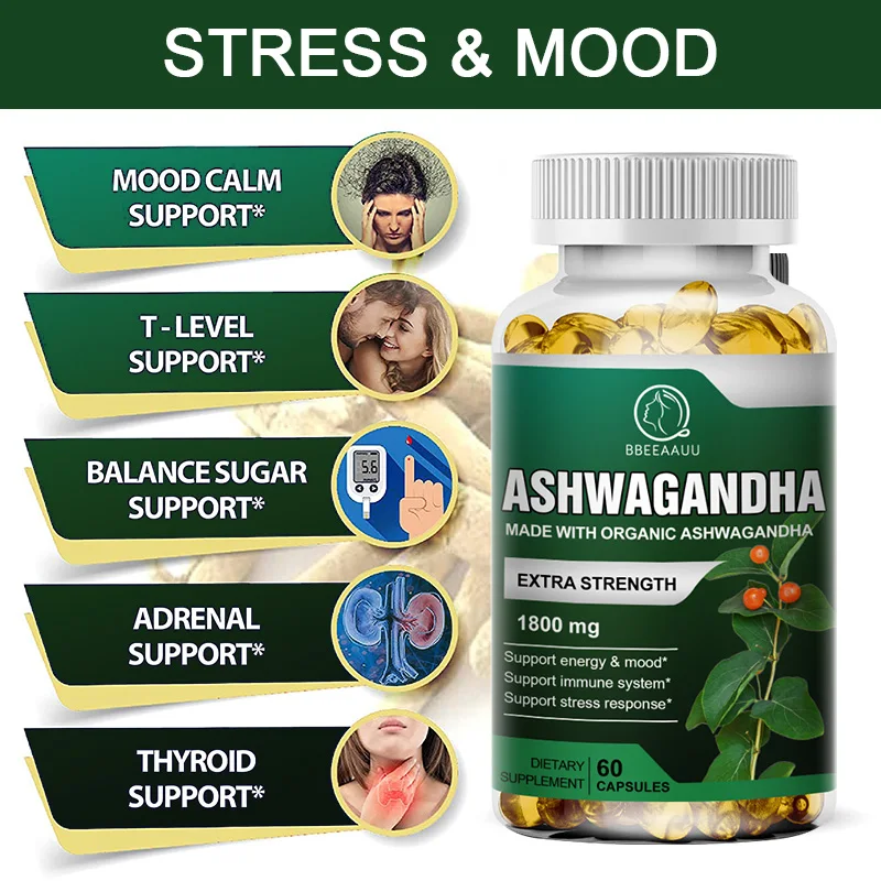 

BBEEAAUU Organic Health Food 1800mg Ayurvedic Ashwagandha Capsule Help Sleep Reduce Anxiety Enhances Immunity Energy Supplement