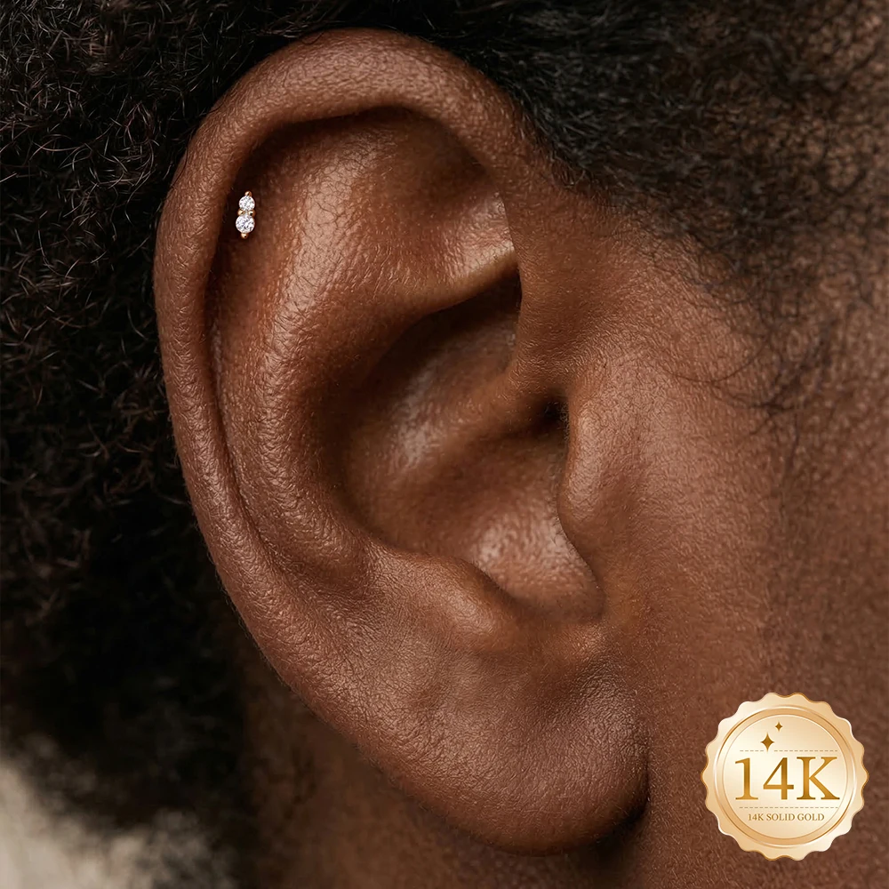 Фото Серьга-пирсинг CANNER 1PC из цельного золота 14K с двойным фианитом и плоской задней частью для хеликса, трагуса, хряща, из титана G23, для женщин, классическое украшение №3