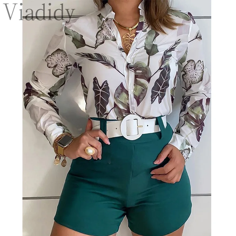 

Women Casual Stand Collar Print Long Sleeve Blouse and High Waist Shorts 2pcs Set