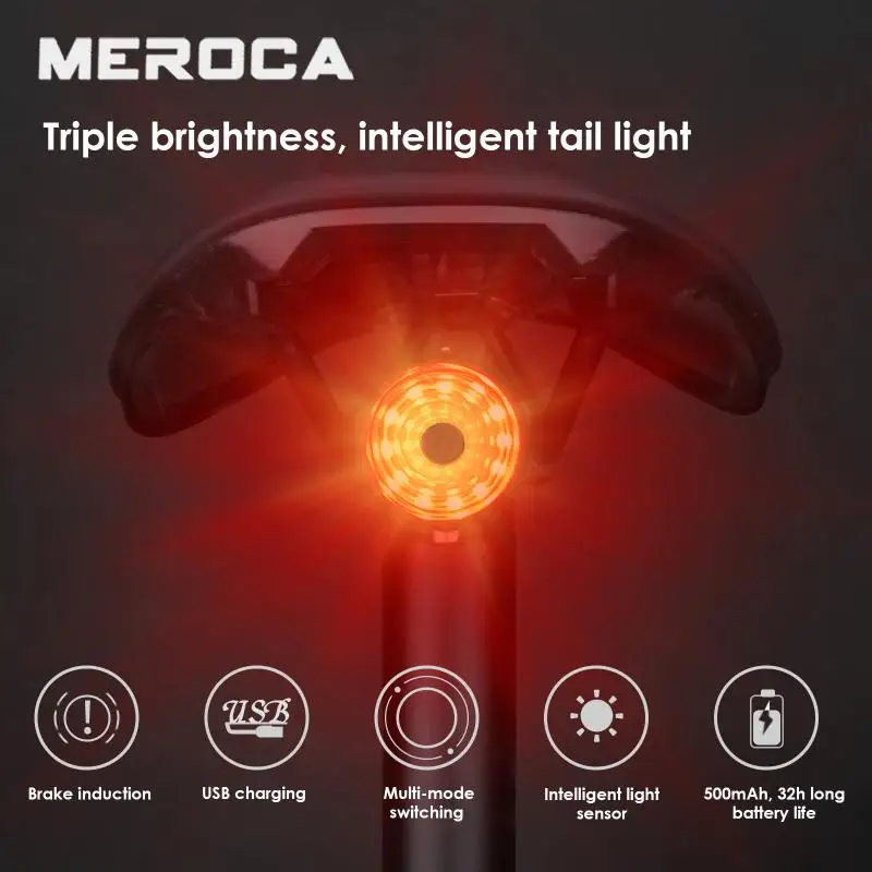 

MEROCA WR-05 Bicycle light Smart Brake Induction Tail Light USB fast Charging PC Shell Safety Warning Taillight bike accessories