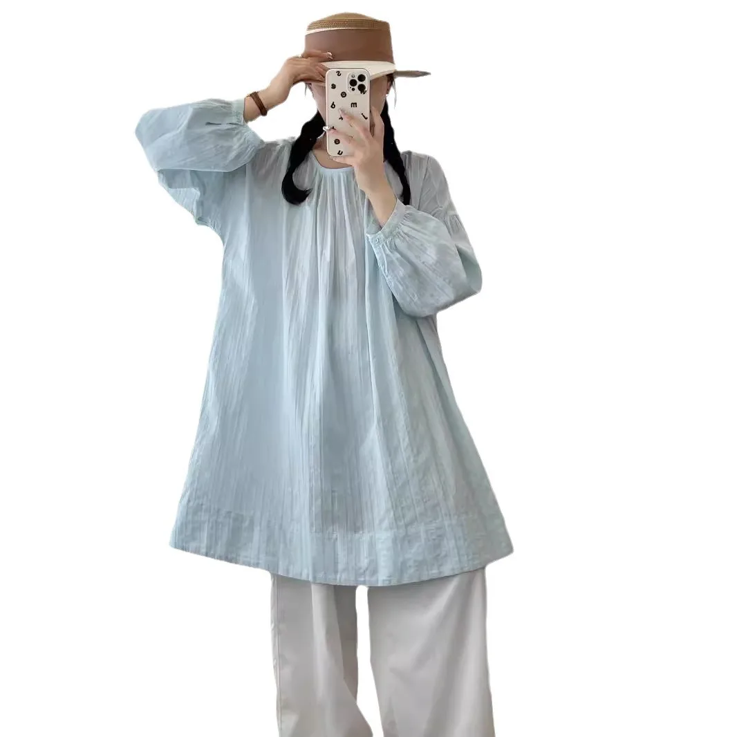 Женская хлопковая рубашка с длинным рукавом полосатая блузка круглым вырезом