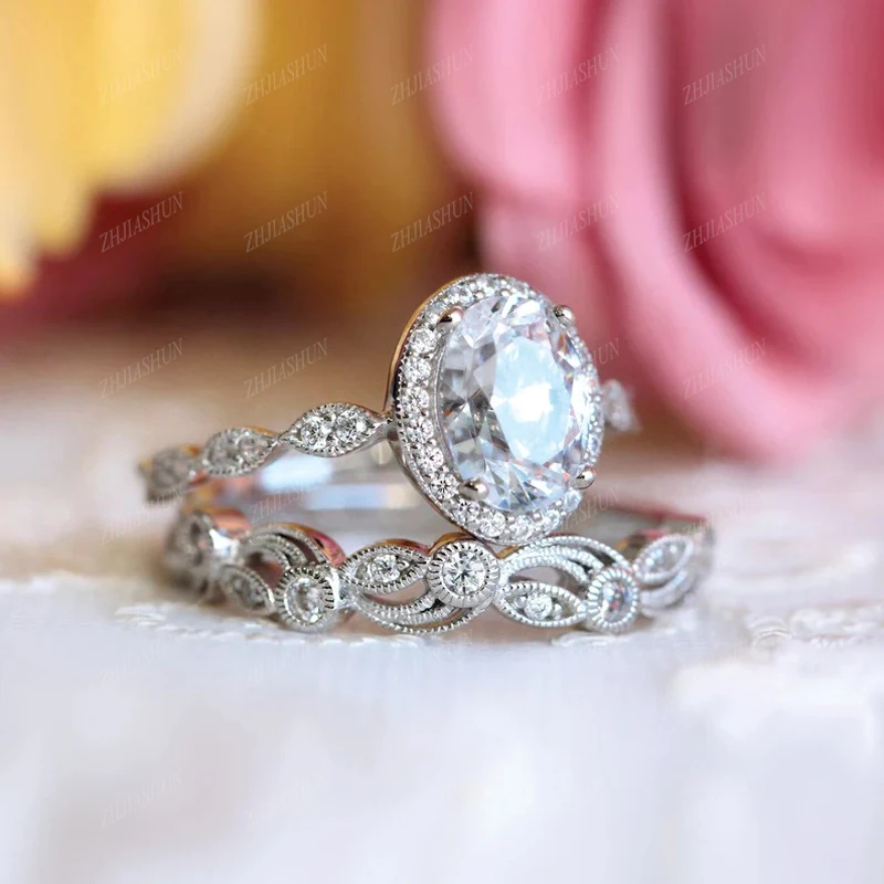 

ZHJIASHUN Art Deco Bridal Set Combination 14K Moissanite Oval Halo Engagement Rings And Leaf Vine Vintage Wedding Ring