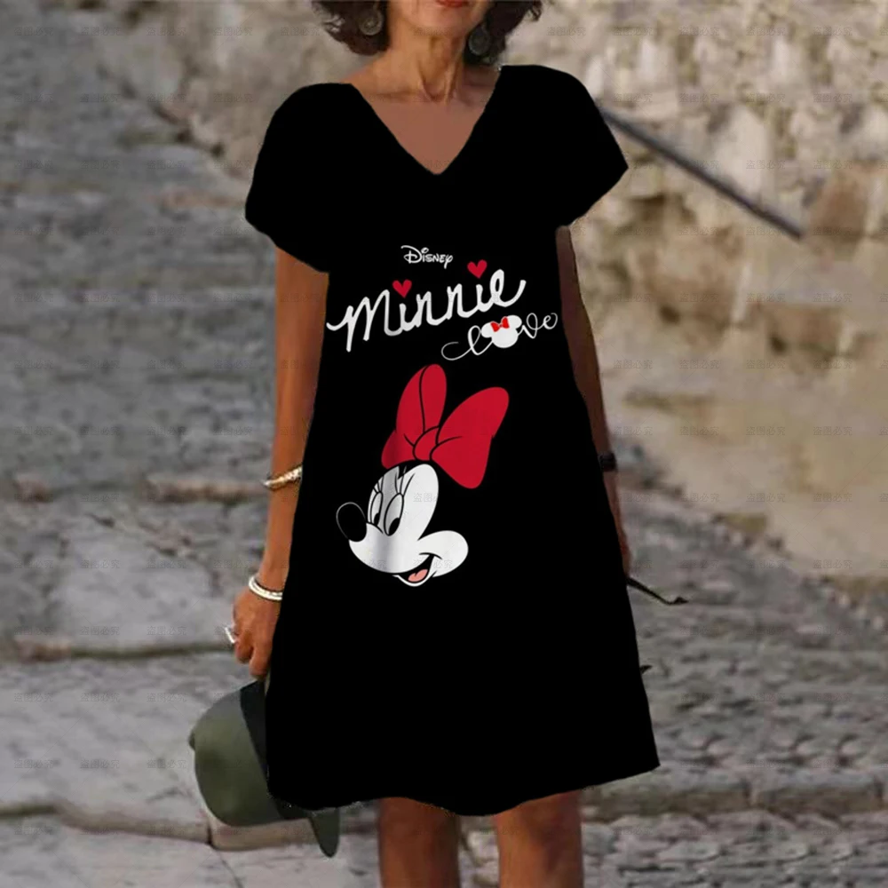 Ladies New Party Summer Sexy Mini Dresses Disney Mickey Mouse Printed  V-neck Dress XS-8XL Short Sleeve Women Knee Length Dress