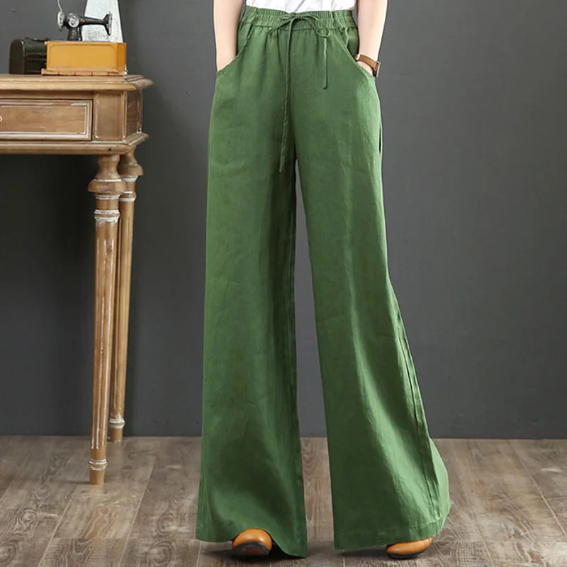 

Брюки женские хлопково-льняные с завышенной талией и поясом на резинке