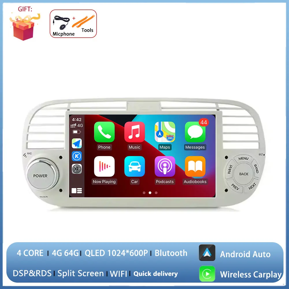 

7-дюймовый Android Auto для FIAT 500 2007-2015 Carplay Автомобильный радиоприемник Стерео Мультимедийный плеер GPS-навигация 360 Камера 4G Wi-Fi BT DSP