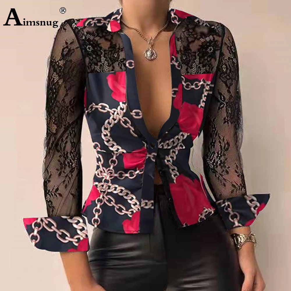 

Women Elegant Fashion Pu Leather Shirt Blusas Model Flower Chains Print Tops Streetwear 2022 Spring New Sexy Lace Guaze Blouse