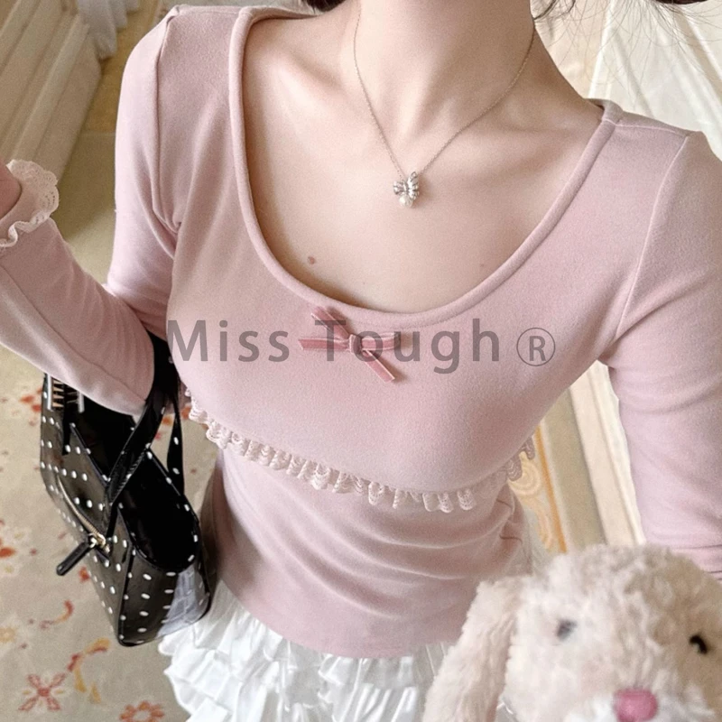 Женская розовая блузка с круглым вырезом и длинными рукавами бантом