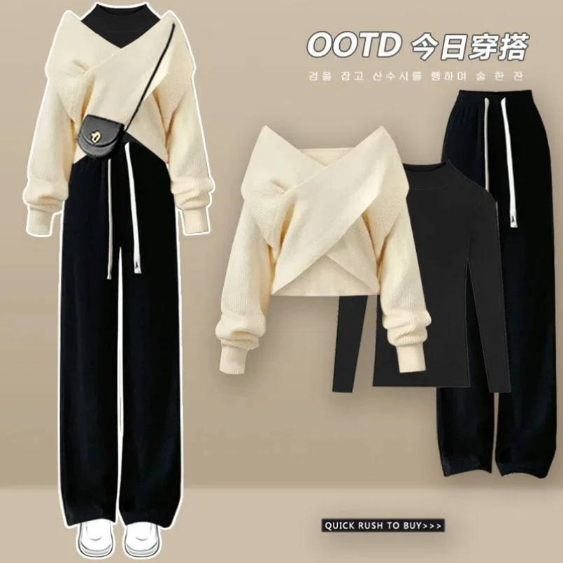 Autumn Set Women's New Korean Version Red Knitted Sweater Slimming Versatile Base Shirt Casual Pants Three Piece