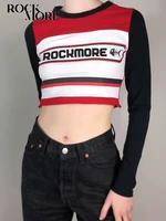 rockmore contrast stripes print crop top for women moto biker clothes long sleeve skinny t shirt y2k streetwear o neck top tee