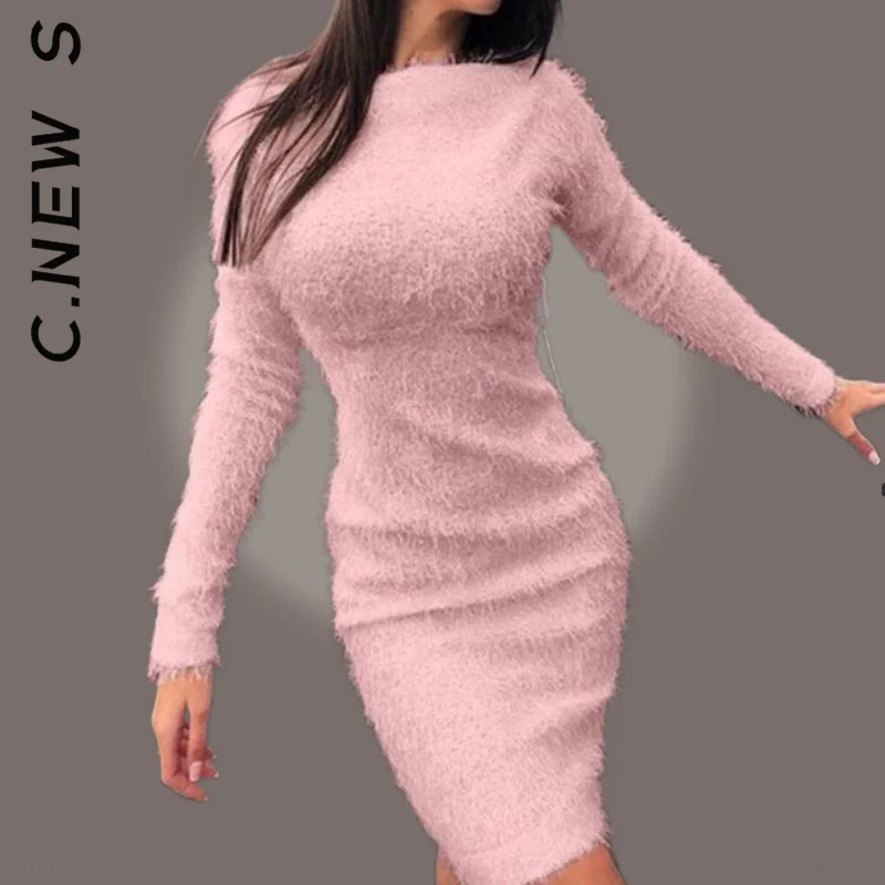 

Long Sleeve Plush Sweater Dress Women Fashion Mini Dress Sexy Vintage Soft Chic Streetwear Club Vestidos Female Dresses Woman