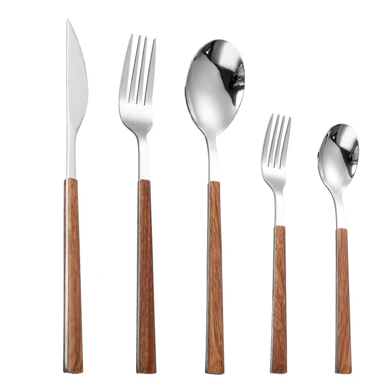 

Stainless Steel Long Wooden Handle Tableware Steak Knife Dinnerware Dessert Spoon Fruit Fork Cutlery Set Kitchen Utensils