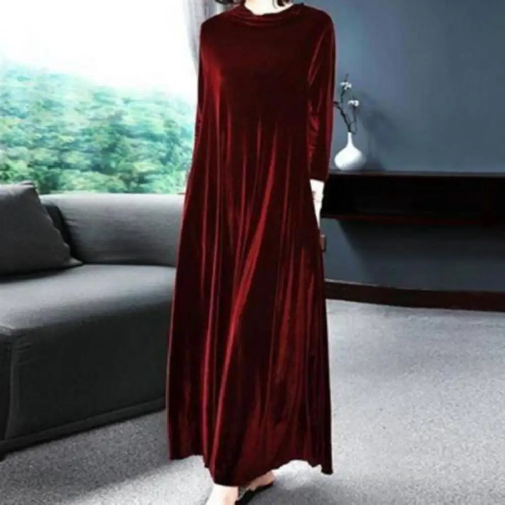 

Elegant Women Long Dress Pile Collar Long Sleeves Pockets A-Line Spring Autumn Pleated Loose Hem Solid Color Velvet Maxi Dress