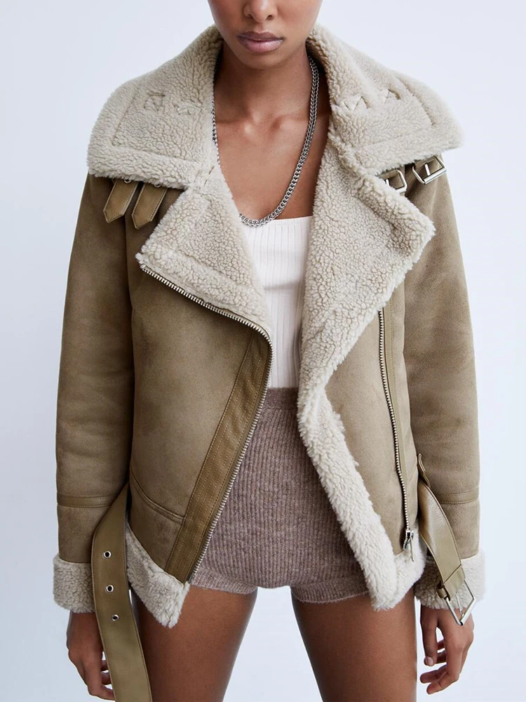 

New Winter Coats Women Thick Warm Faux Lambswool Padded Streetwear Big Turn Down Collar Vintage Suede Motorcycle Jackets