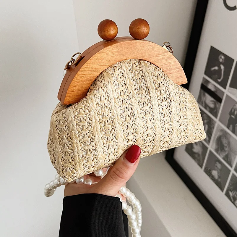 

Personality Mini Niche Pearl Messenger Bag 2022 Casual New Summer Women's Straw Bag Clip Buckle Coin Purse Shoulder Bag