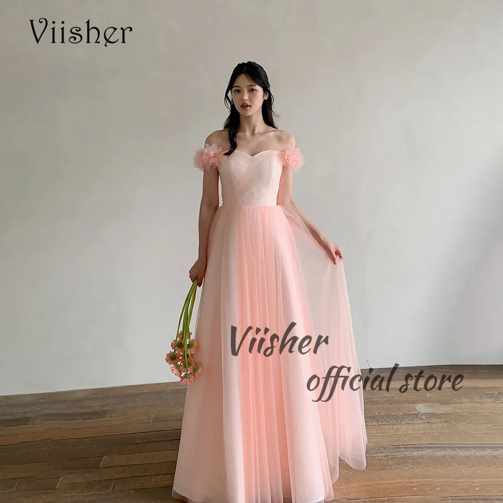 

Viisher Pink Tulle Fairy Prom Dresses Off Shoulder Sweetheart Korea Evening Dress A Line Floor Length Formal Party Gowns