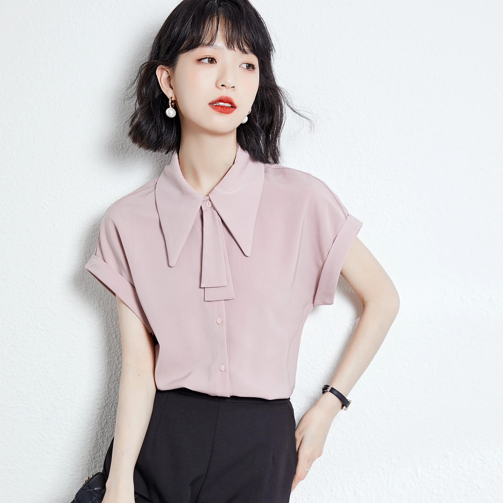 

Pink Color Girls Short Sleeve Blouses For Women Clothes Korean Fashion 2022 Summer Office Lady Chiffon Turn-down Collar Tops