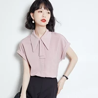 pink color girls short sleeve blouses for women clothes korean fashion 2022 summer office lady chiffon turn down collar tops