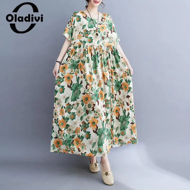 

Oladivi модное платье с коротким рукавом с принтом в богемном стиле 2023 летняя пляжная одежда в стиле бохо винтажные женские платья большого размера 6XL 8XL 9229