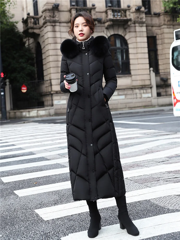 New Women Down Coat Ankle-Length Winter Fashion Detachable Real Fox Fur Collar Thicken Warm Long Down Jacket Slim Overcoat