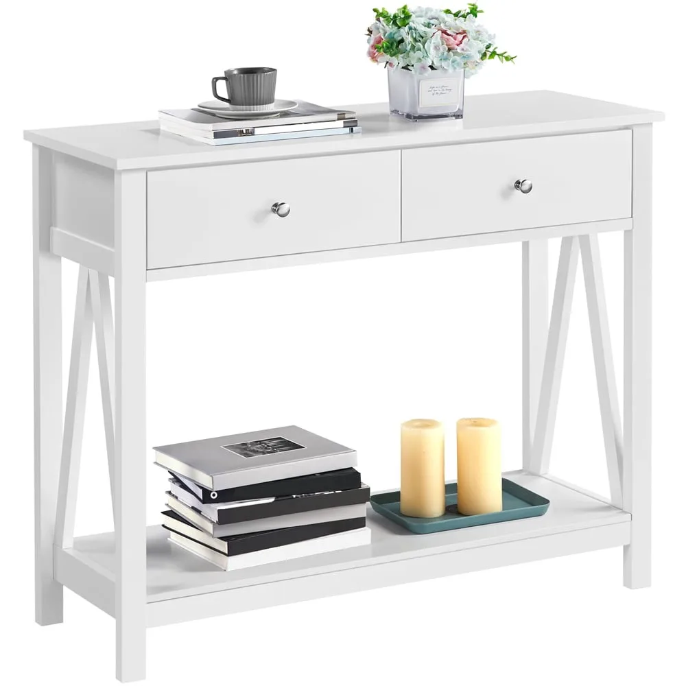 

Easyfashion Wooden Console Table Sofa Side Table with Drawer and Open Shelf for Entryway Living Room, White