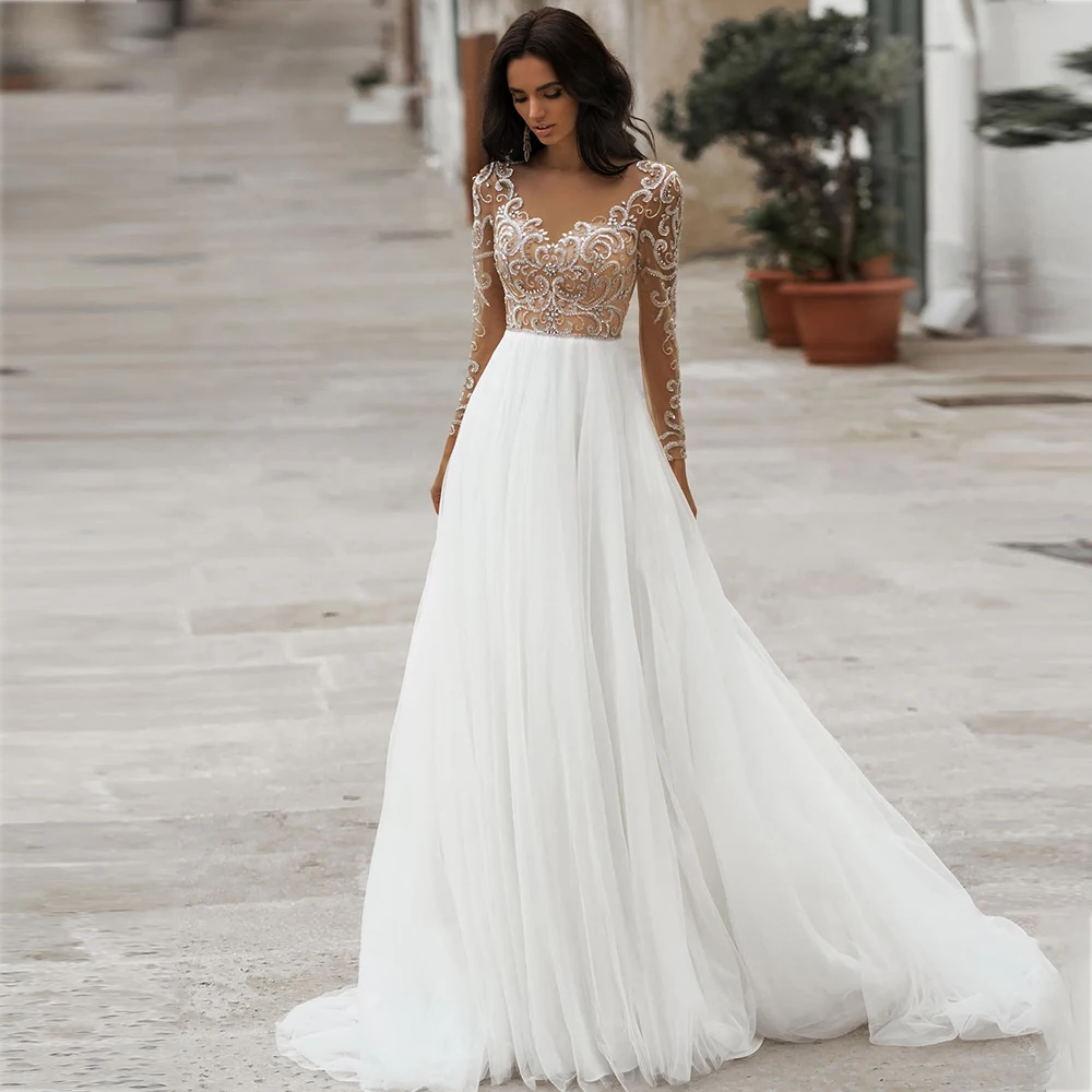 

Sexy Exquisite Wedding Dresses V-Neck Long Sleeves Tulle Dress Button Illusion Back A-Line Appliques Crystal Beading Beach Gowns