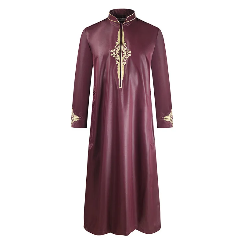 Embroidery Arabic Long Robes For Male Islamic Clothes Stand Collar Jubba Thobe Kaftan Muslim Arab Abaya Dubai Dress Size M-3XL