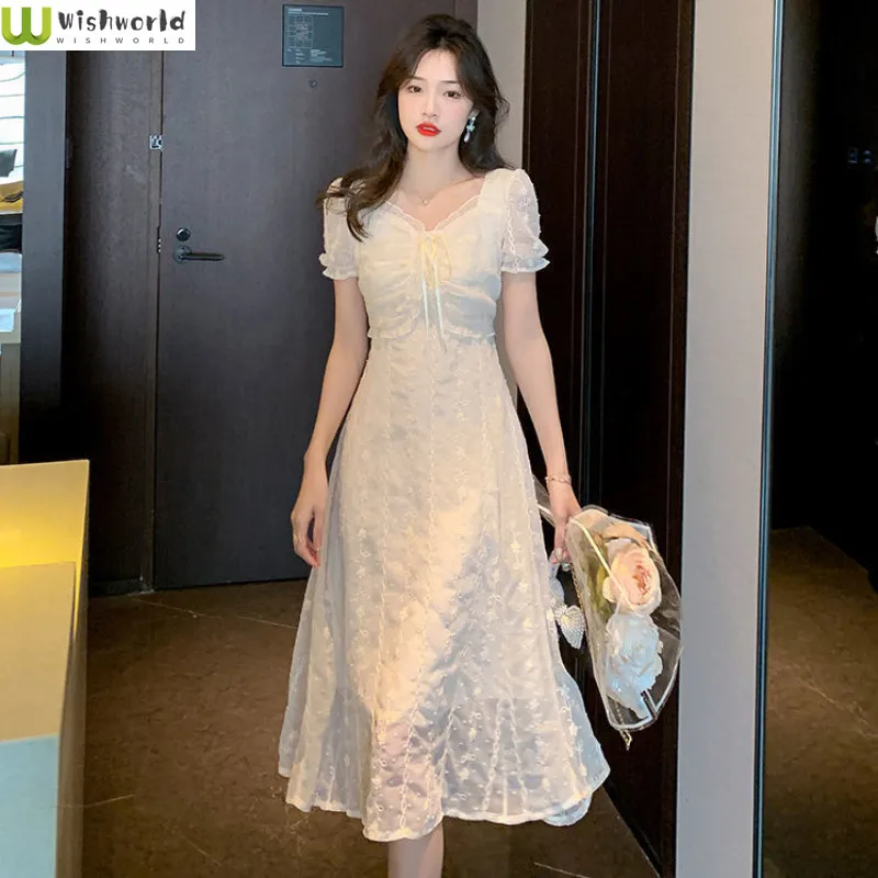 

2022 Summer Super Fairy New Dress French Romantic Square Neck Embroidered Lace Temperament Chiffon Fairy Skirt
